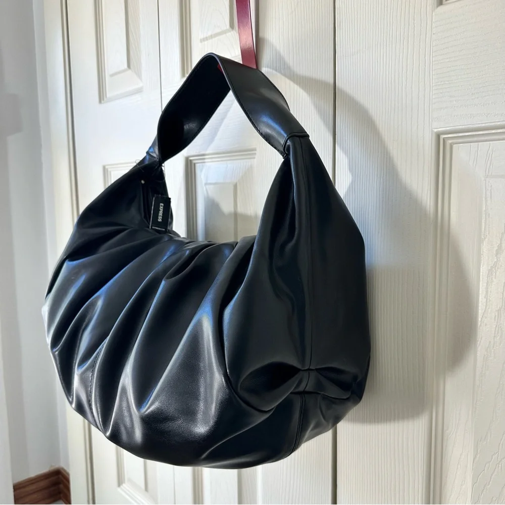 Express Slouched Hobo Handbag Runch Shoulder Bag Black Faux Leather - Picture 3 of 8